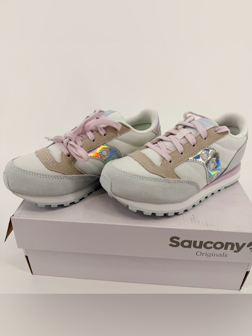 Saucony Jazz Original Girls 13.5 White Pink Holographic Sneakers NI